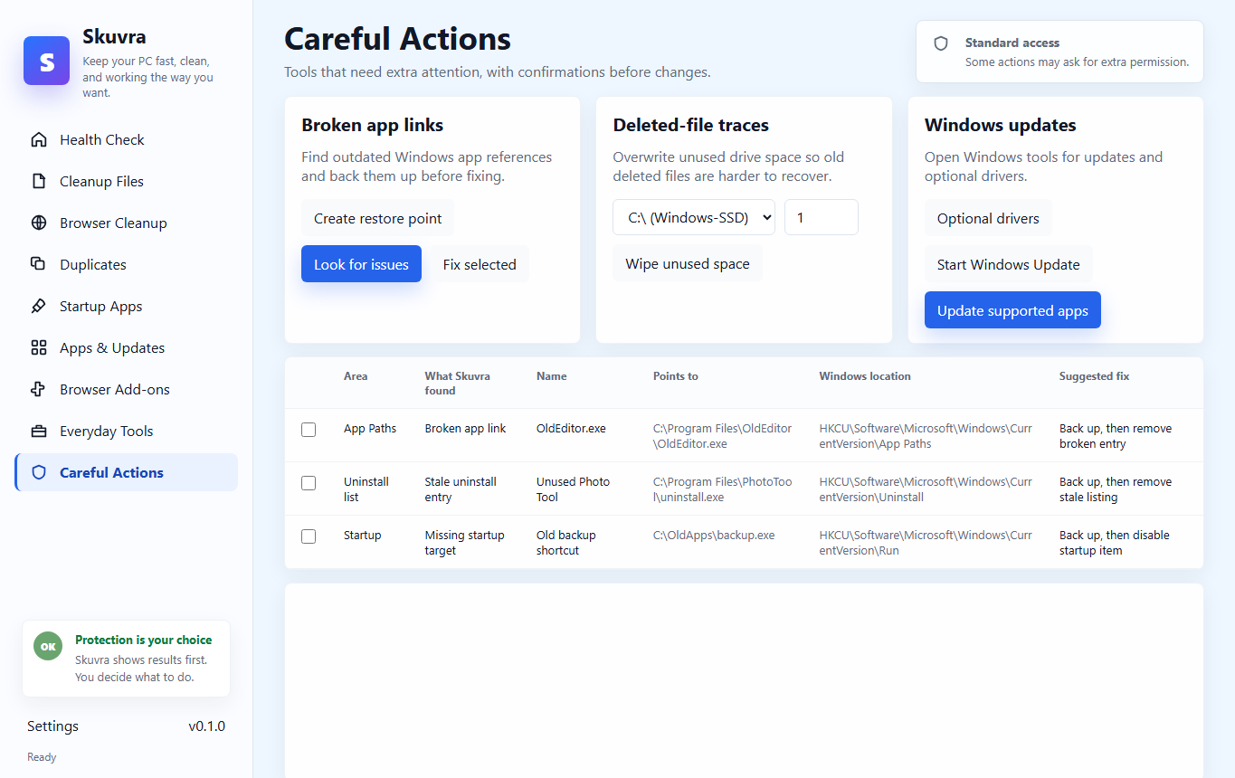 Skuvra Careful Actions screen showing registry, wipe, update, and driver tools separated from everyday cleanup.