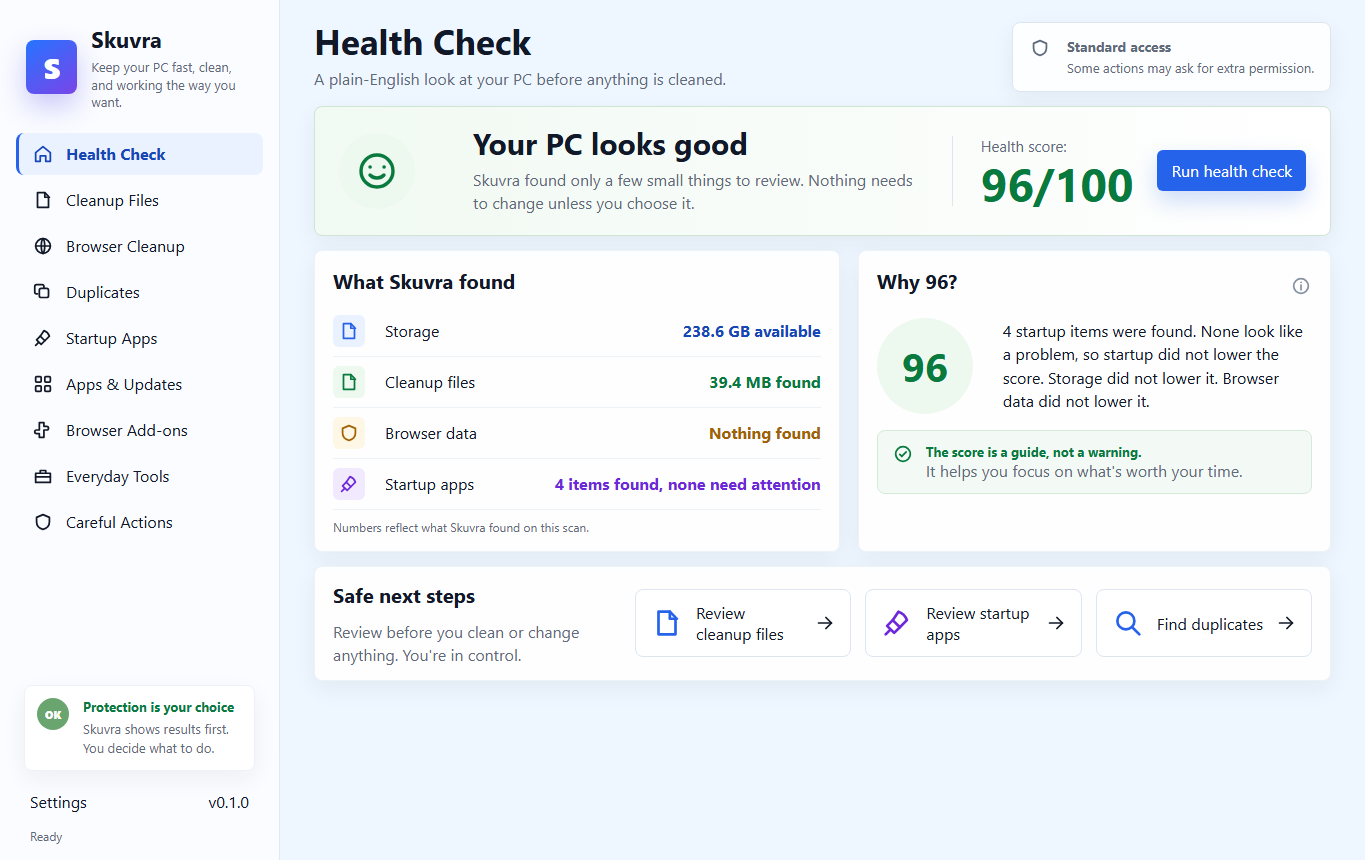Skuvra Health Check screen showing a good PC status, cleanup findings, and safe next steps.