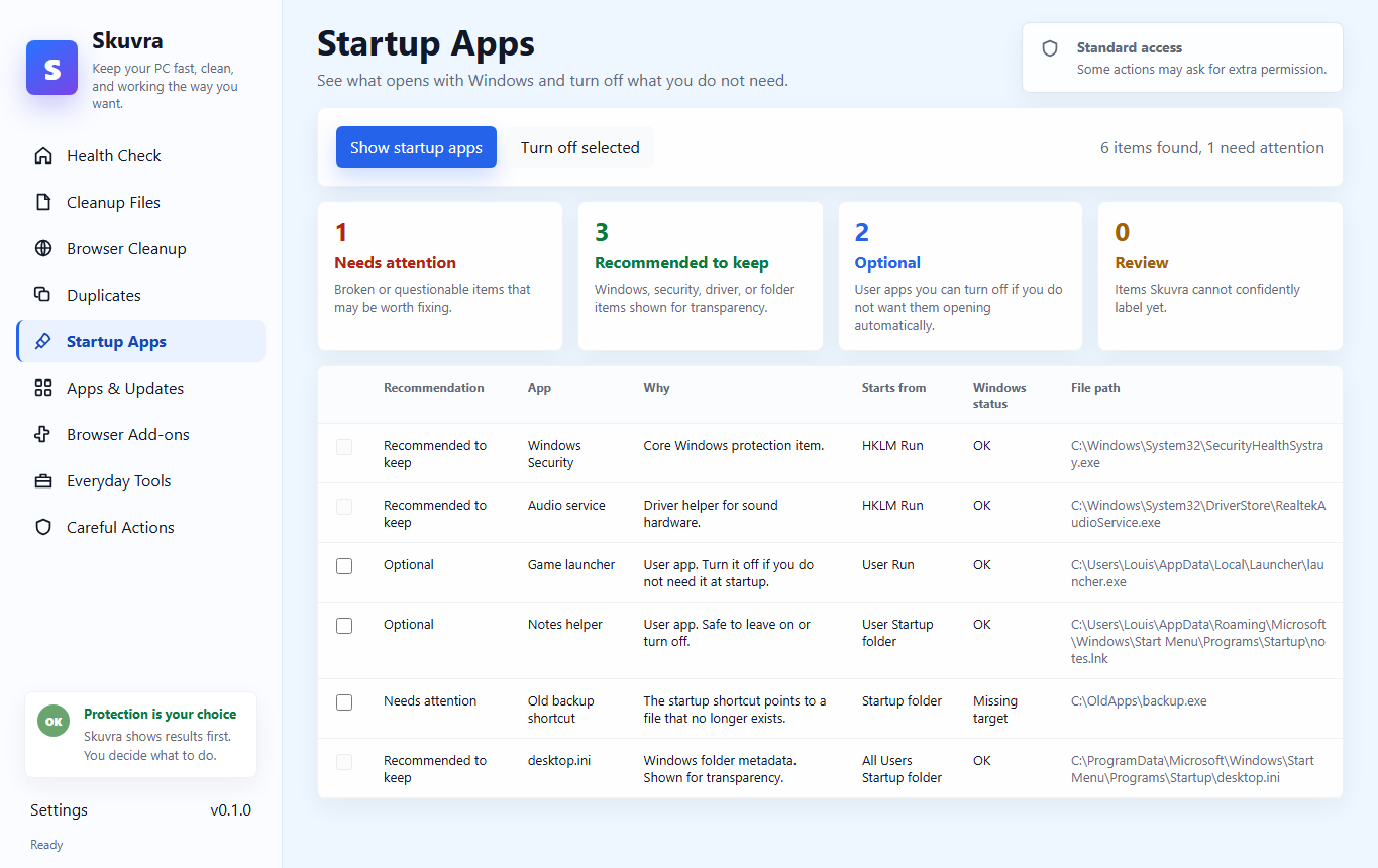 Skuvra Startup Apps screen separating keep, optional, review, and needs-attention startup items.